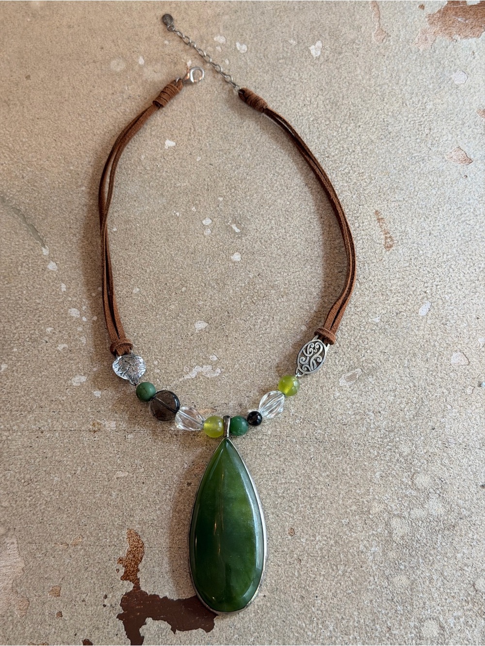 Silpada Handcrafted Green Teardrop Pendant Necklace - Leather